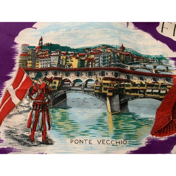 Vtg ITALY Bold Purple SOUVENIR SCARF Pisa Firenze FLORENCE Leaning Tower 29 x 30 - Picture 7 of 12